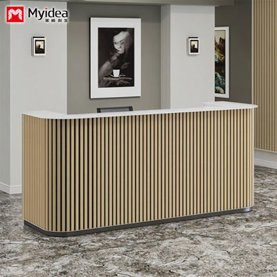 Scratch Resistant Wooden Grille and White Mountain Patterned Rock Slab Front Desk Customizable Lobby Reception Support