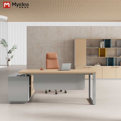 comprare Scrivania direzionale a L in legno massello Myidea con sottocabinetto e piedini multipli in acciaio per edifici per uffici online manufacture