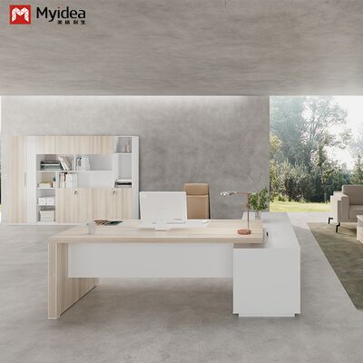 Myidea Solid Wood L-Shaped Executive Desk with Sub Cabinet and Aluminum Alloy Edge-covered Feet for Office Building