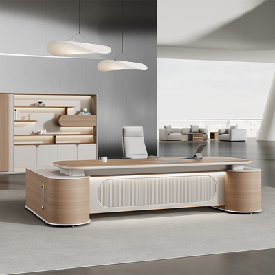 comprare Desktop boss curvo rivestito in PVC scrivania dipinta di processo scrivania con luce ambientale a controllo vocale online manufacture