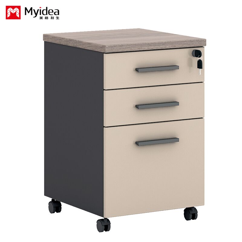 Low cabinet, office storage cabinet, melamine board, three drawer cabinet with wheels, key lock setting