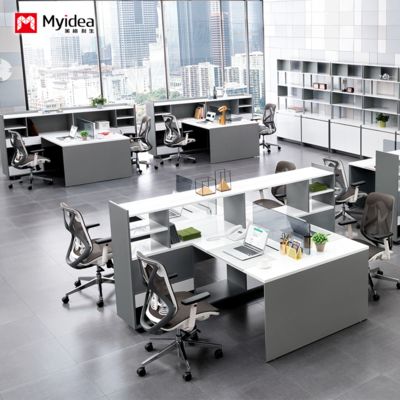 Scrivania con contenitore personalizzabile, ampia capacità di stoccaggio, scrivania per computer da ufficio per 2 o 4 persone, design con divisorio, scrivania per il personale