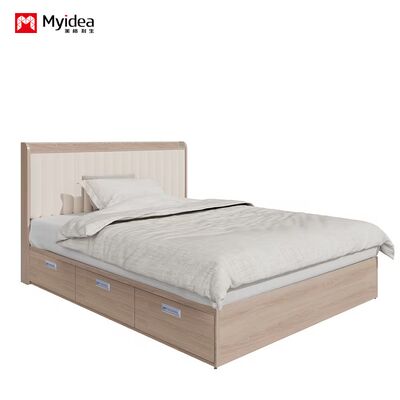 Letto Multifunzionale Moderno Minimalista con Cassettiera, Letto in Pelle Artigianale Color Crema, Letto Matrimoniale Piccolo a Tre Cassetti